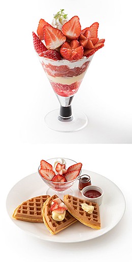 上边：甜瓜和宫崎芒果的冷糕中的：国产草莓的冷糕，下边：国产草莓的华夫饼干